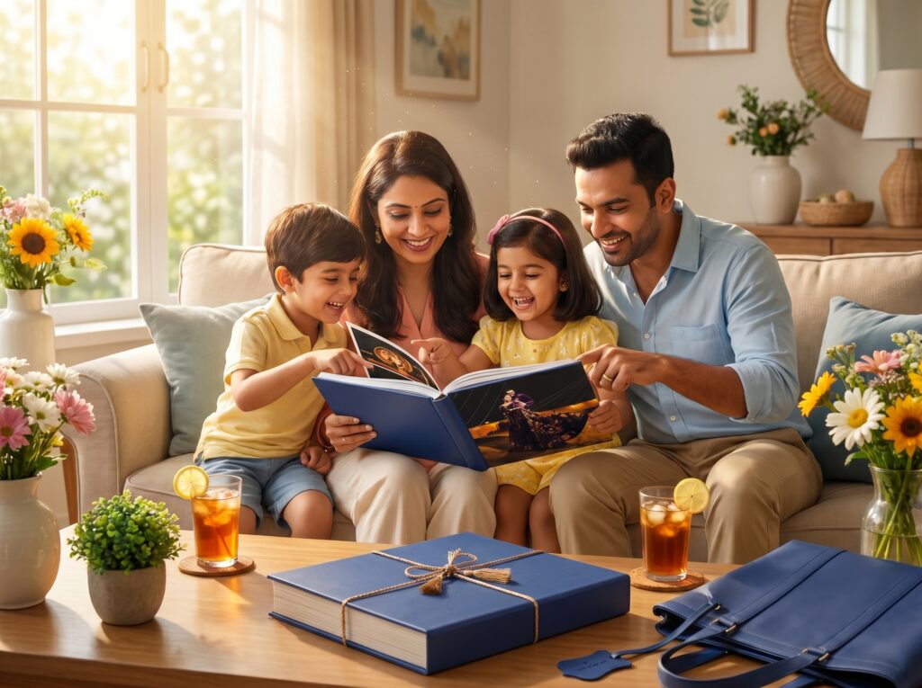 family sitting close together looking through a printed photo album